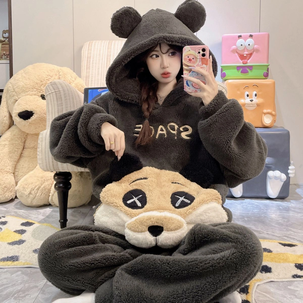 New 2026 Women's Coral Fleece Hooded Pajama Set, Thick Warm Cute Cartoon Loungewear, Oversized Plus Size Winter Sleepwear for Women, Fit up to 200 Lbs