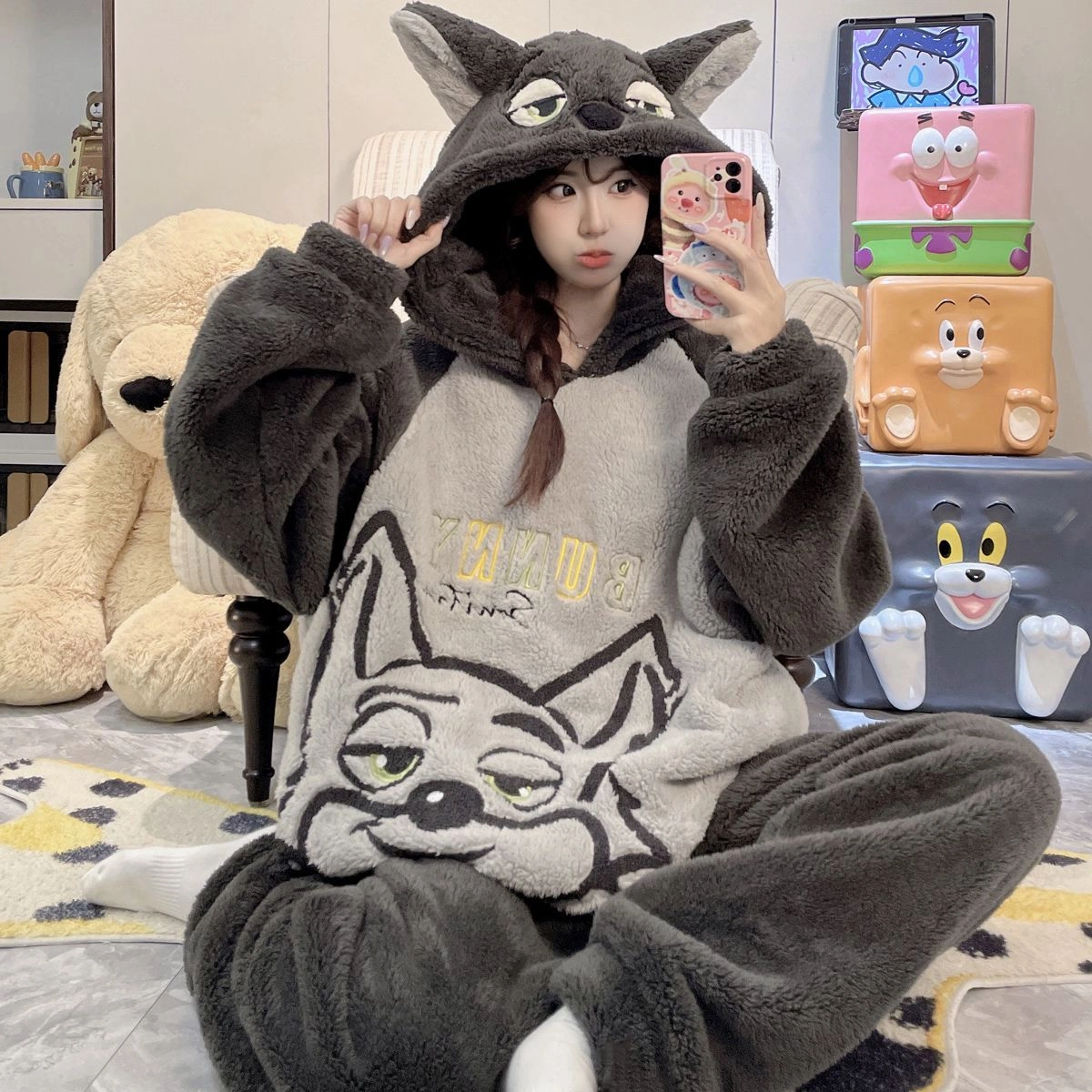 New 2026 Women's Coral Fleece Hooded Pajama Set, Thick Warm Cute Cartoon Animal Loungewear, Oversized Plus Size Fall Winter Sleepwear for Curvy Women, Fits up to 200 Lbs