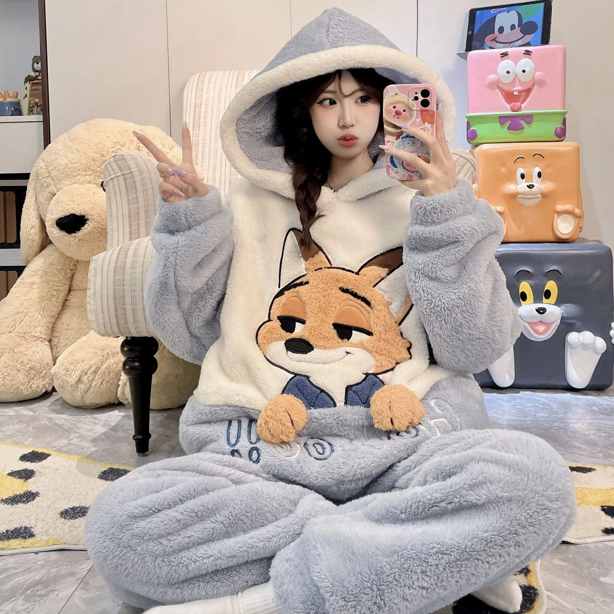 New 2026 Women's Coral Fleece Hooded Pajama Set, Thick Warm Cute Cartoon Animal Loungewear, Oversized Plus Size Fall Winter Sleepwear for Curvy Women, Fits up to 200 Lbs