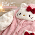 Cute KT Cat Coral Fleece Long Robe for Women, Hooded Bathrobe with Red Bow, Warm Fall Winter Loungewear, Wearable Outside Home
