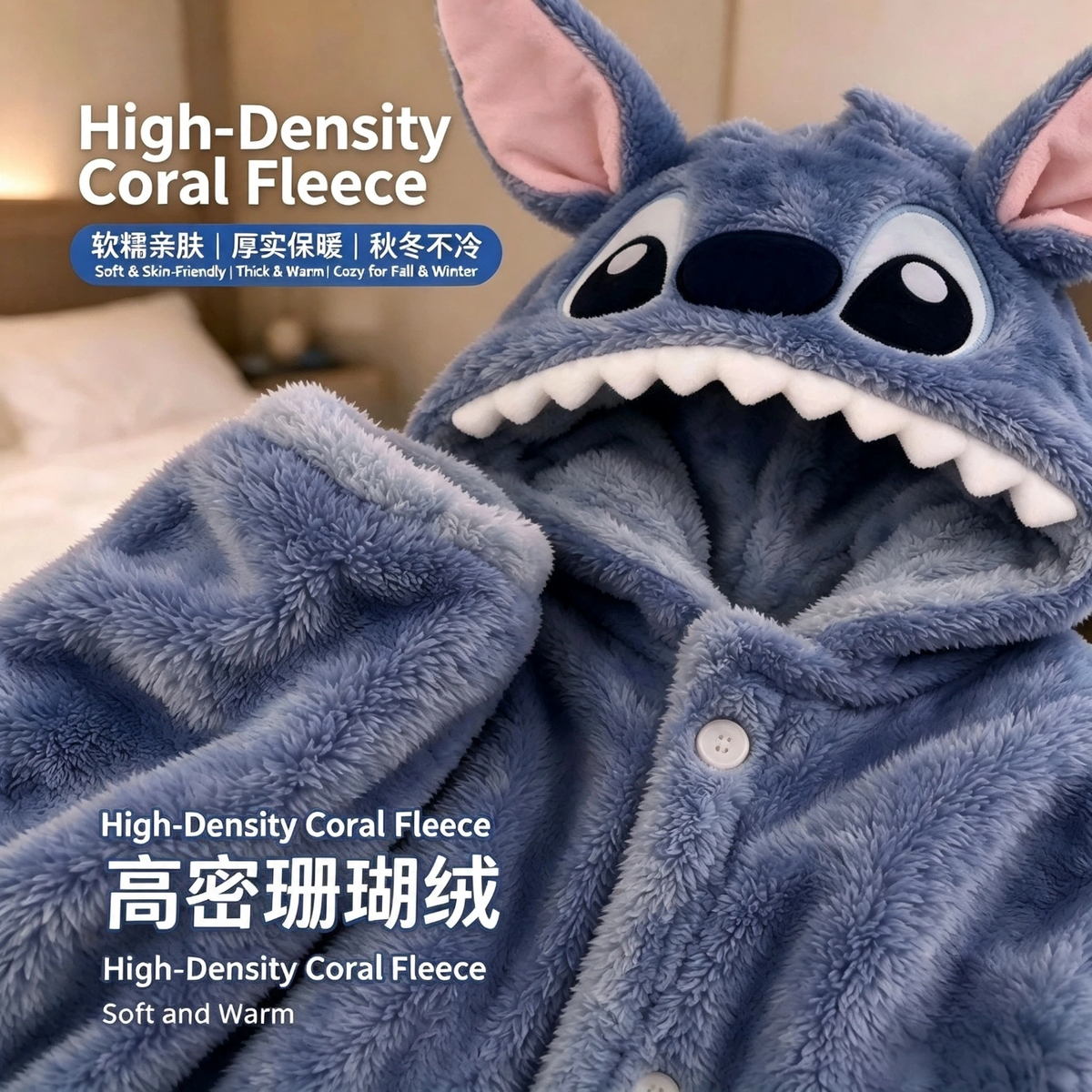 Cute Stitch Coral Fleece Long Robe for Women, Hooded Bathrobe, Warm Fall Winter Loungewear, Wearable Outside Home