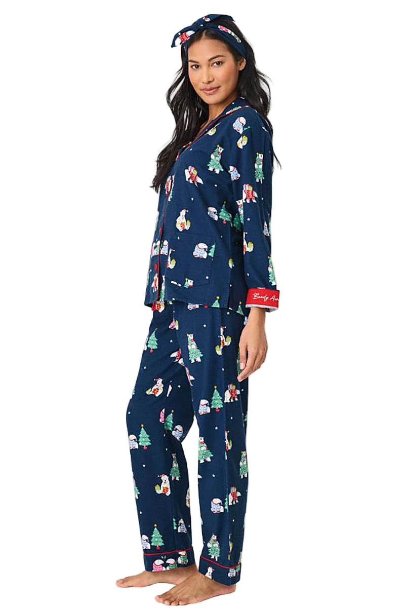 P.J Salvage Bearly Awake Print Flannel PJ Set with Headband in Navy